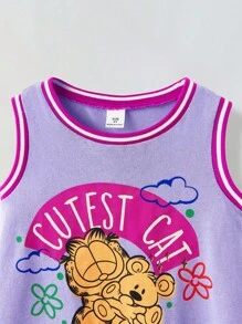 GARFIELD | SHEIN Maija Kids Maija Kids Young Girl Summer Casual Cartoon Pattern Round Neck Sleeveless Dress Kids Purple Dress Girls Casual Dress Toddler Girl Dress Girls Cartoon Dress Girls Purple Dress
