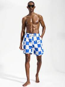 Surfspeed Men's Checkered Drawstring Waist Beach Shorts, Summer - Blue and White - View 3