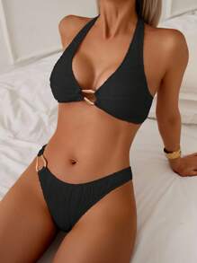 Swim Basics Women's 2pcs Textured Fabric Backless Bikini Set, Vacation Casual - Black - View 1