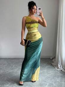 Rafferiza Graduated Color High Slit Asymmetric Collar Ruched Tulle Dress Maxi Women Outfit Summer Dress - Light Yellow - View 3