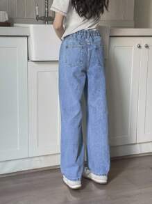 SHEIN Tween Girl Graffiti Graphics Carrot Jeans,Light Wash Blue,Summer Streetwear School Back-To-School,Elastic Waist Ripped Design,Classic 5 Pockets - Light Wash - View 2