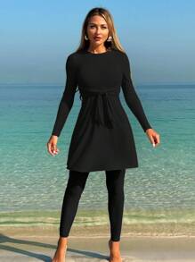 Swim Mulvari New Middle East Style Burkini Swimsuit 2 Pieces Set, Modest Cover Up Long Sleeve And Long Pants, Protective SPF Swimwear Suit, Arab South East Asia Style For Summer Beach Vacation