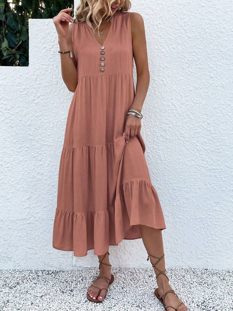 Breezaya Button Detail Layered Hem Smock Dress Maxi Vacation Beach Outfits Women - Redwood - View 1