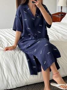 DAZY 可爱熊猫图案印花褶皱面料女士睡衣，哞哞睡裙 - 藏蓝色 - 查看 3