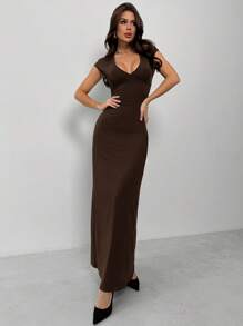 Firerie Festival Valentine's Day New Women's Elegant Sexy Versatile Bodycon Slimming Black Maxi Dress, Deep V-Neck, Caped Sleeve, Belted Waist Design - Coffee - View 3