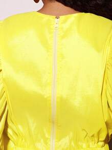 Vixey 奶油黄夸张泡泡袖纯色塔夫绸上衣，夏季，度假，波西米亚风，夏季上衣，女士夏季上衣，可爱上衣 - 黃色 - 查看 4