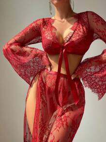 SHEIN 3pcs/Set Women's Lace Bell Sleeve Tie-Front Sexy Lingerie Set - Burgundy - View 2