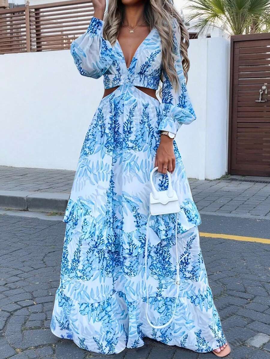 INAWLY 女士时尚休闲浪漫度假印花性感V领连衣裙 - 藍色 - 查看 1