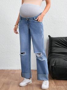 SHEIN 孕妇装撞色口袋做旧直筒休闲牛仔裤 - 中等水洗藍 - 查看 6