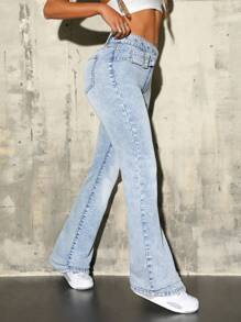 SHEIN Tall Oblique Buckle Waist Distressed Skinny Flare Jeans - Light Wash - View 6