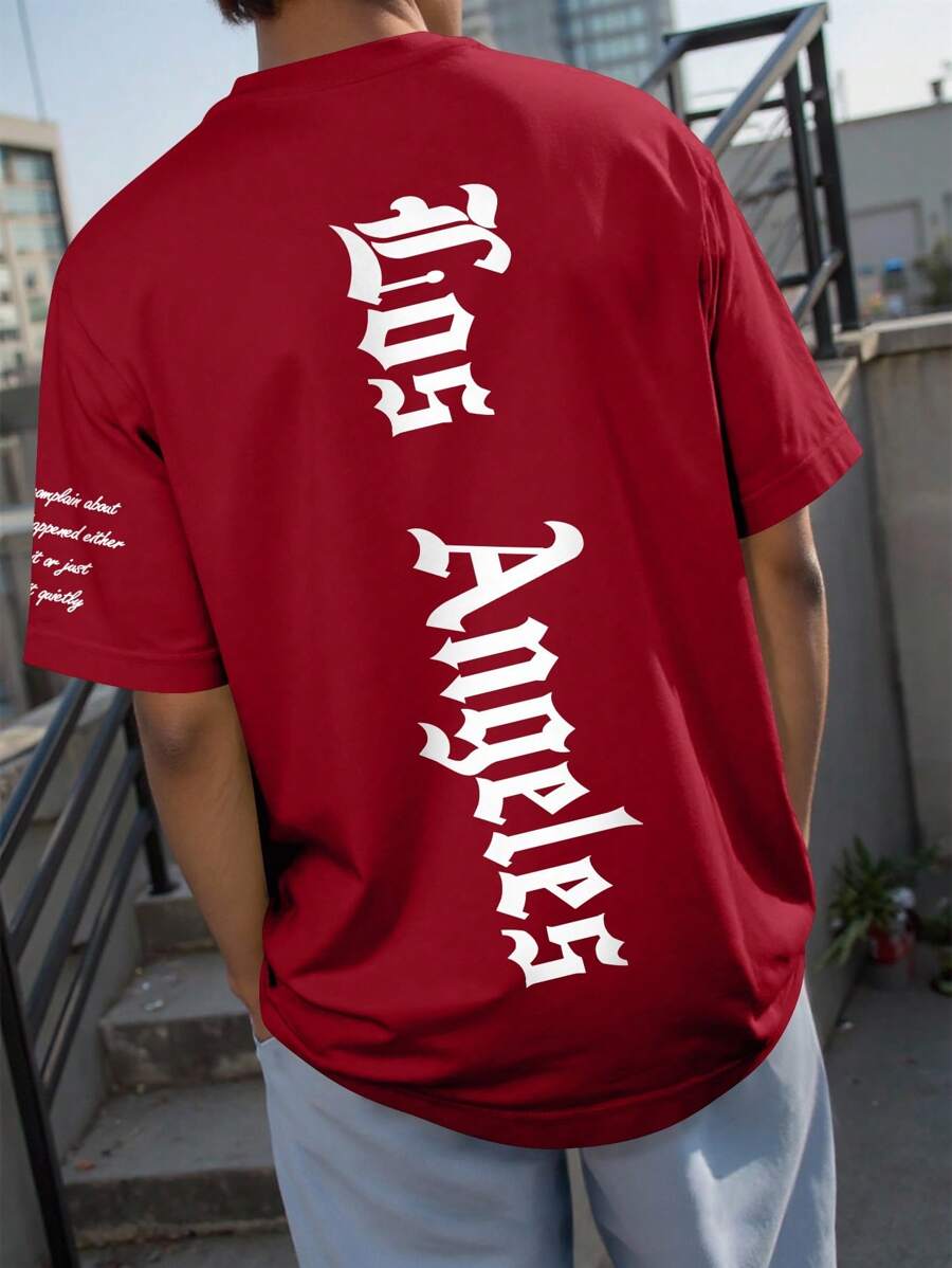 Manfinity EMRG Men's Summer Casual T-Shirt With Letter Print, Round Neck And Drop Shoulder Sleeve - Burgundy - View 1