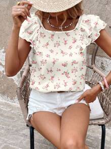 SHEIN LUNE Women's Casual Ditsy Floral Bow Back Ruffled Short Cap Sleeve Shirt, Suitable For Spring/Summer Everyday, Vacation, Ditsy Floral Suitable For Going Out