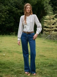 Florisole 波西米亚浪漫休闲/通勤条纹花卉拼布蕾丝边开衫女式衬衫 - 彩色 - 查看 7