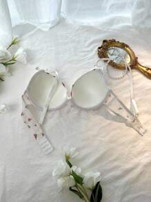 DelicateAllure Sujetador con decoración de lazo, doble capa y orilla en forma de pastel, de malla con estampado floral pequeño, romántico y lindo, estilo kawaii