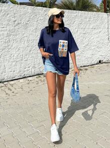 EURMUSE 100%纯棉钩针贴花胸前休闲超大圆领T恤