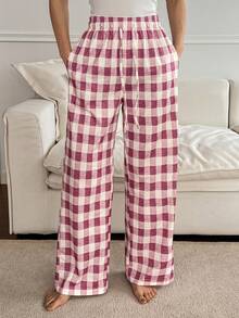 DAZY Minimalist Plaid Drawstring Waist Casual Lounge Pants, Fall & Winter Pajama, Cozy - Pink - View 3