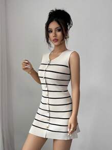 Selianne 返校及郊游 无袖条纹金属扣通勤风格复古针织连衣裙，女款，春秋季