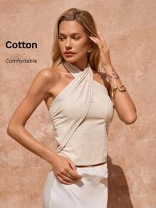 Lavishia Blusa de lino con cuello halter para vacaciones y playa, ropa de verano estilo Y2K para mujer - Albaricoque - Ver 5