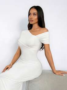 SHEIN SXY 女式纯色褶皱不对称领口优雅短袖连衣裙 - 白色 - 查看 5