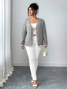 Elenzga 大码女式优雅仿珍珠装饰单排扣开衫 - 灰色 - 查看 7