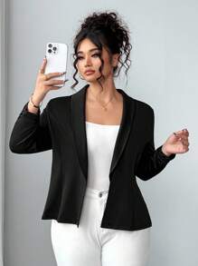 Elenzga Plus Size Women Casual Minimalist Notch Collar Jacket, Commuter Style Winter Fall Autumn - Black - View 1
