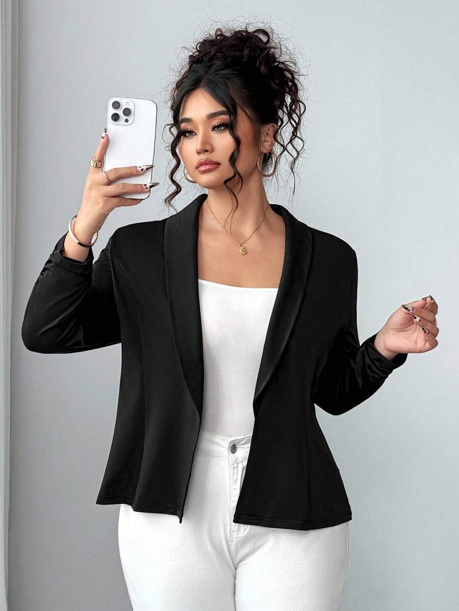 Elenzga Plus Size Women Casual Minimalist Notch Collar Jacket, Commuter Style Winter Fall Autumn - Black - View 1