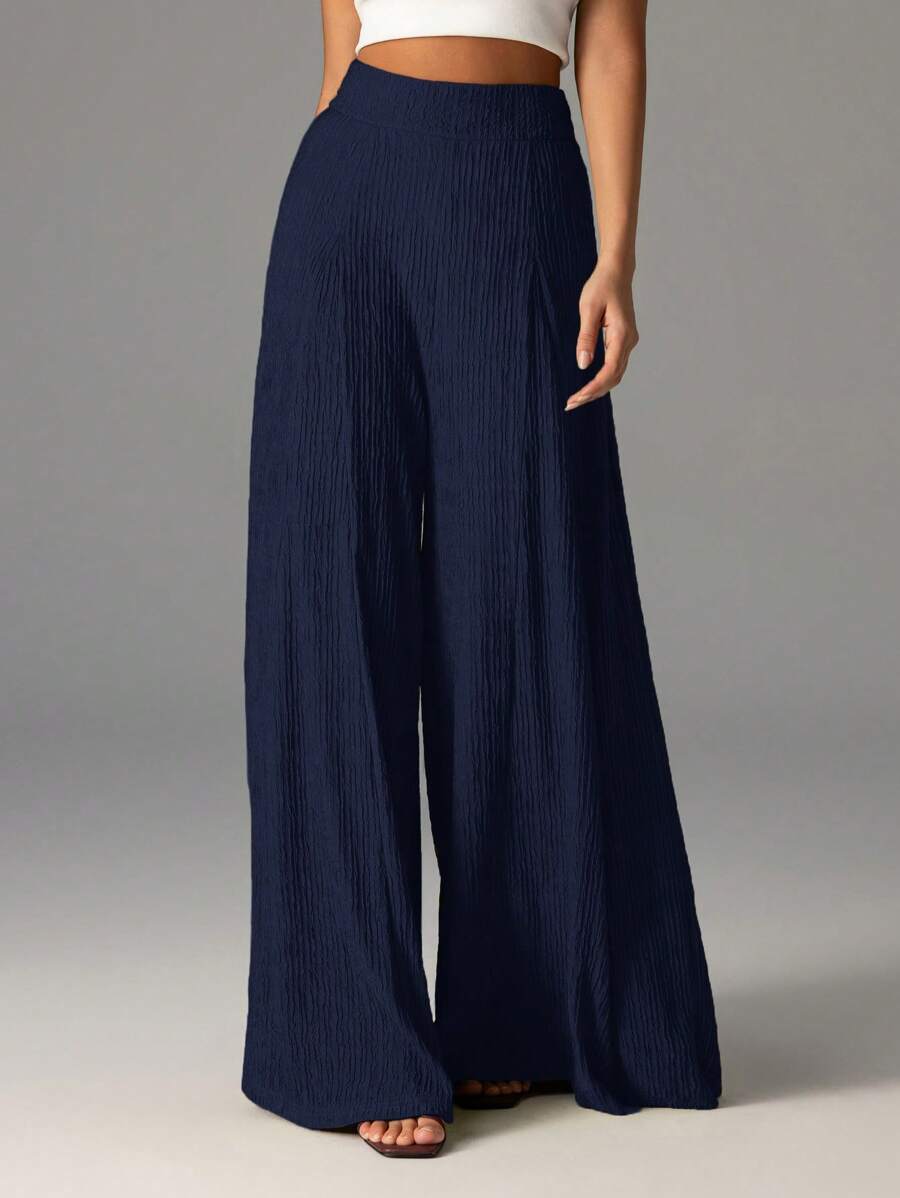 Firerie Women's Elegant Casual Textured High Waist Wide Leg Pants - Navy Blue - View 1