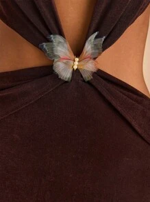 SHEIN BAE Váy suông ôm sát lưng màu nâu trơn hở lưng trang trí nơ dệt kim dáng suông, váy mùa hè cho nữ, trang phục đi nghỉ cho nữ, trang phục đi biển cho nữ, trang phục câu lạc bộ gợi cảm cho nữ, trang phục đi hòa nhạc cho nữ - màu nâu - Xem 6
