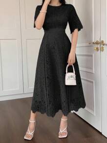 DAZY 优雅水溶蕾丝短袖迷你连衣裙，青春可爱，高端时尚迷你连衣裙夏季女装连衣裙长裙 - 黑色 - 查看 4