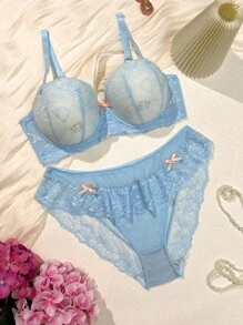DelicateAllure Plus 2PCS Cute Baby Blue Push Up Lace Lingerie Set With Delicate Plant Pattern And Bow Accents Butterfly Lingerie Set, Lift