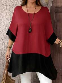 EMERY ROSE Blus Wanita Ukuran Besar Warna Burgundy dengan Jahitan Kontras, Kemeja Kasual Elegan Musim Gugur, Leher Bulat, Lengan Pendek, Longgar, Hem Asimetris, Belahan Samping, untuk Sehari-hari - Merah - View 7