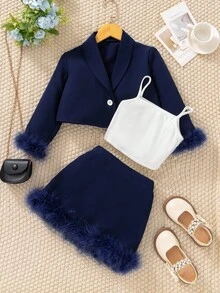 SHEIN 3pcs/Set Young Girls Basic White Camisole, Long Sleeve Button-Up Cropped Cardigan And Mini Skirt Set Teen Girl Skirt Set Skirt Suit For Girls Tween Dress Blazer Set Preppy Two Piece Set Girls Blazer And Skirt Set Fall Winter - Royal Blue - View 1