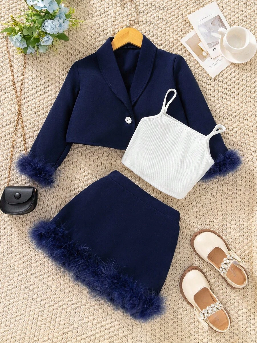 SHEIN 3pcs/Set Young Girls Basic White Camisole, Long Sleeve Button-Up Cropped Cardigan And Mini Skirt Set Teen Girl Skirt Set Skirt Suit For Girls Tween Dress Blazer Set Preppy Two Piece Set Girls Blazer And Skirt Set Fall Winter - Royal Blue - View 1