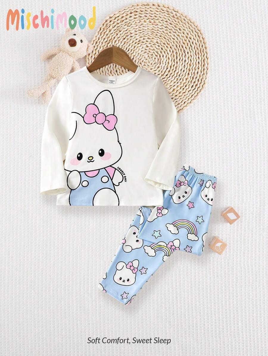 2 件套可爱猫咪卡通印花少女休闲舒适长袖上衣和裤子家居服套装 - 彩色 - 查看 1