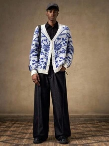 Business Casual AKNOTIC Men's V-Neck Button Cardigan,Light Blue Floral Floral Crochet Knitted Jacket,Autumn Elegant Holiday French Contrast Pattern Sweater For Fall - Blue and White - View 1