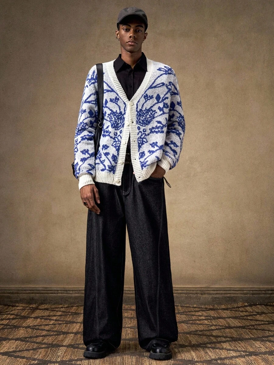 Business Casual AKNOTIC Men's V-Neck Button Cardigan,Light Blue Floral Floral Crochet Knitted Jacket,Autumn Elegant Holiday French Contrast Pattern Sweater For Fall - Blue and White - View 1
