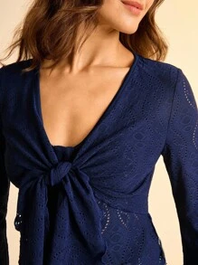 CAJUNI V-Neck Tie Waist Flare Sleeve Textured Fabric Long Sleeve Casual Top Casual Blouse For Women Fall Clothes For Women  Fall Outfits For Women