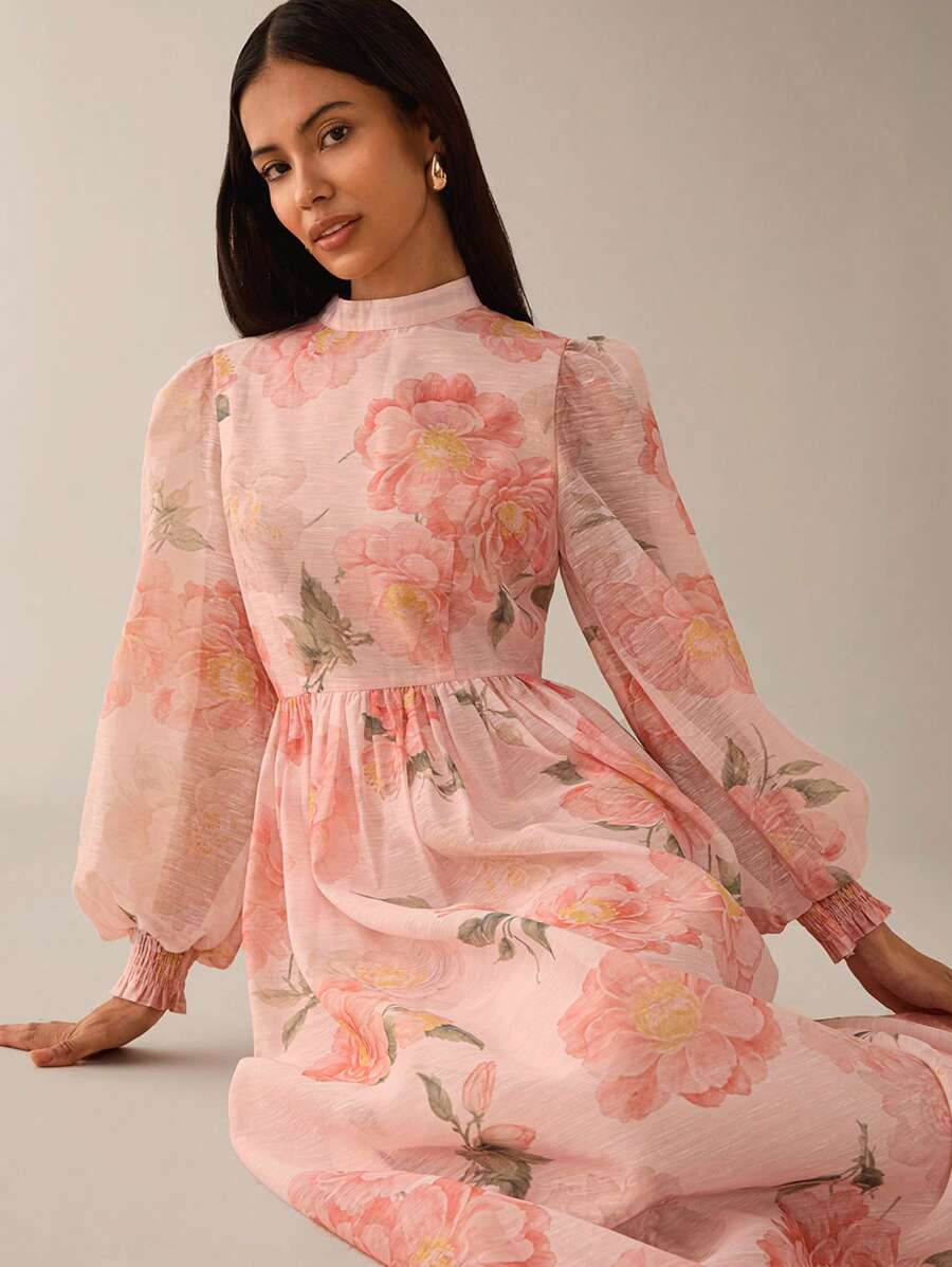 Lilora 女士优雅浪漫花卉印花透视亚麻轻盈连衣裙，立领灯笼袖，收腰，适合春夏海滩都市风格都市休闲，浪漫优雅，外出 - 淺粉色 - 查看 1