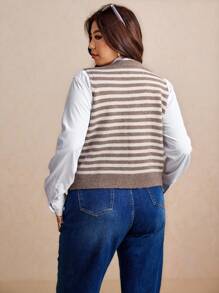 Elaquor Chaleco de punto casual a rayas con botones de nácar para mujer de talla grande - Camel - Ver 5