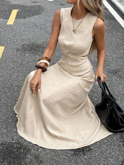 Serisse 夏季新款扭纹镂空无袖女式连衣裙