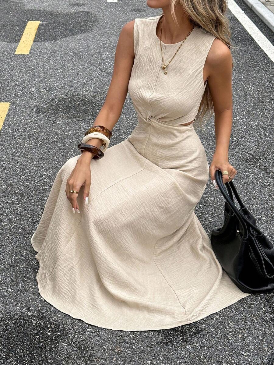 Serisse 夏季新款扭纹镂空无袖女式连衣裙 - 杏色 - 查看 1