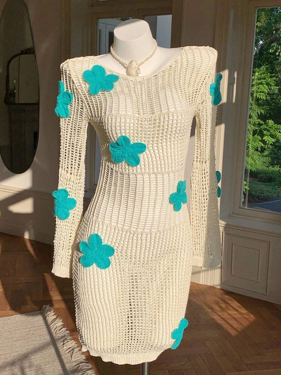 Comfortcana Women Summer Crochet Small Mesh Hollow Floral Decor Knitted Dress For Women - Apricot - View 1