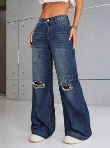 SHEIN Vaqueros de mezclilla casuales con bolsillos rotos en forma de corazón con strass de moda - Azul lavado oscuro - Ver 3