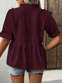 Auvina Women's 3D Laser Cut V-Neck Puff Sleeve Blouse - Burgundy - View 2