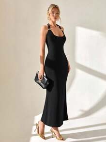 CLARA VERO Vestido largo negro, cuello halter, espalda abierta, elegante, para mujer, primavera, verano, dorado