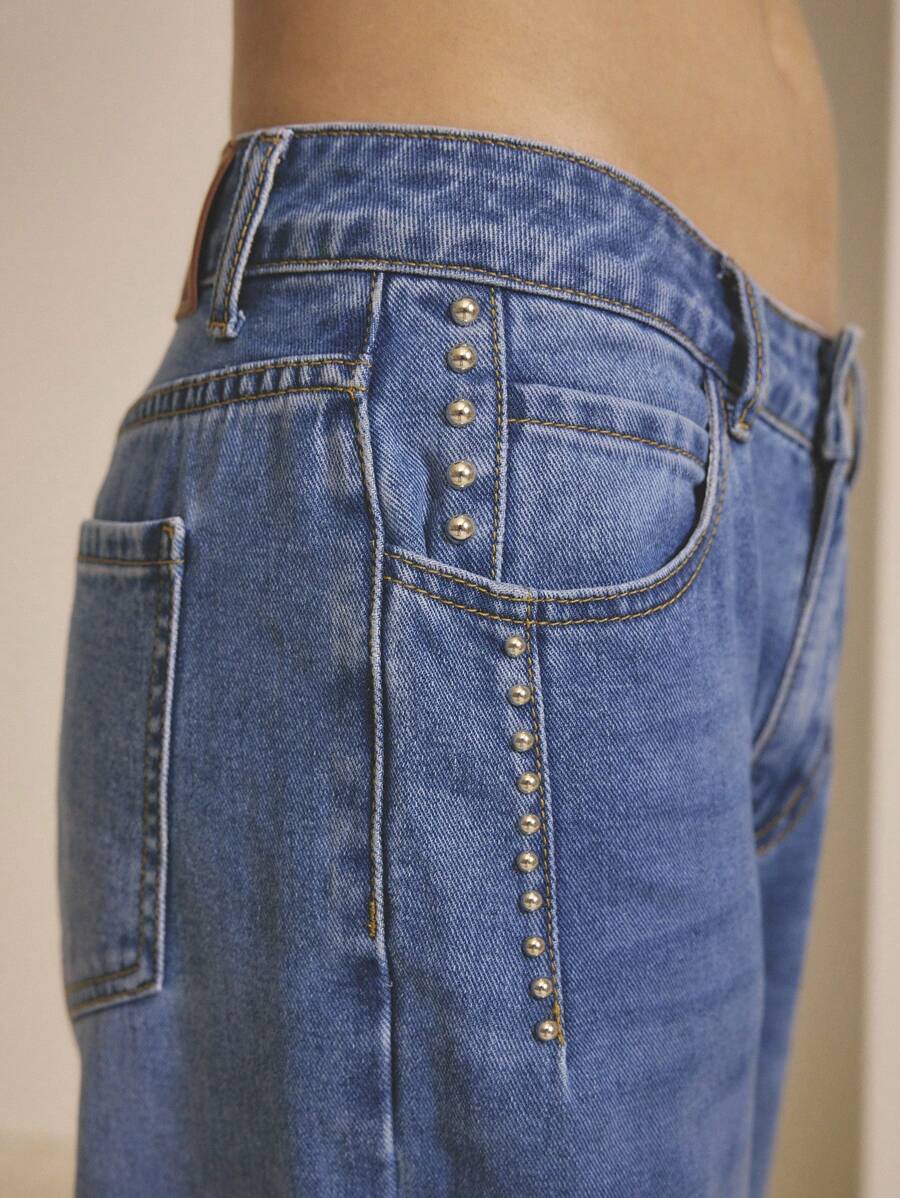 Aralina Winter Summer Low Rise Stud Detail Western Country Concert Spring Vacation Jeans - Medium Wash - View 1