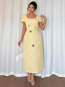 Chiquease Elegant Square Collar 3D Floral Knitted Dress - Yellow - View 4