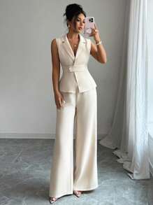 Elenzga 2pcs/Set Mature Elegant Women's Sleeveless Top With Collar Design And Waist Button, Wide-Leg Long Pants/African Dresses For Women/Drawstring Pants /Smart Casual/Fall,Halloween,Homecoming,Back To School/Teacher Outfits/Fall Women Clothes/Winter,Thanksgiving/Winter Women Clothes - Apricot - View 5