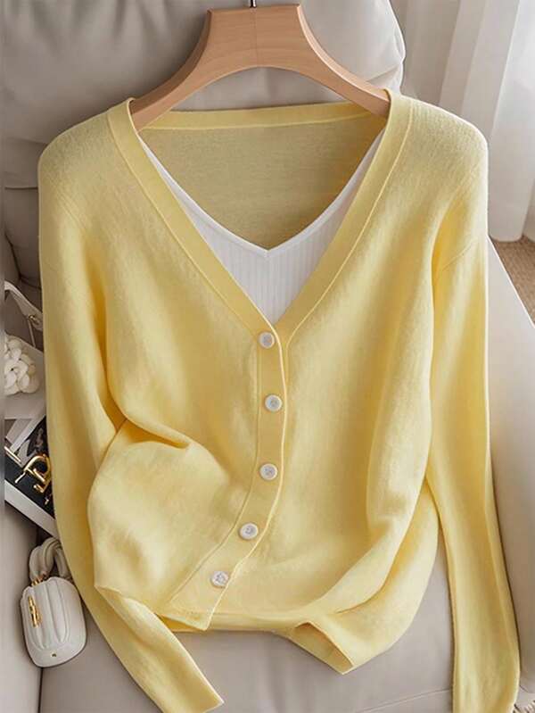 Franclia New Style Spring & Autumn Fitted Short Lightweight Yellow Minimalist Commuting Elegance Versatile Women Knit Pullover