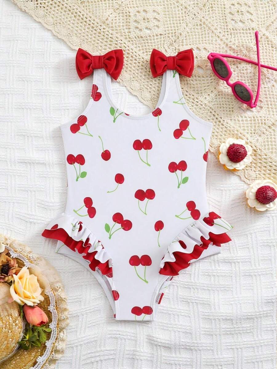 Baby Girls Swimwear/Cute Cherry Pattern/Knit Fabric/Double Bows On Shoulders, Flared Legs, No Locked Edges/Knit Fabric/One-Piece Swimsuit/Fashionable Casual Elegant Ladylike, Suitable For Swimming, Vacations, Summer Baby Cherry Swimsuit Baby Girl Cherry Swimsuit Cherry Swimsuit Baby Girl One Piece Swimsuit Girls Cherry One Piece Swimsuit - Multicolor - View 1
